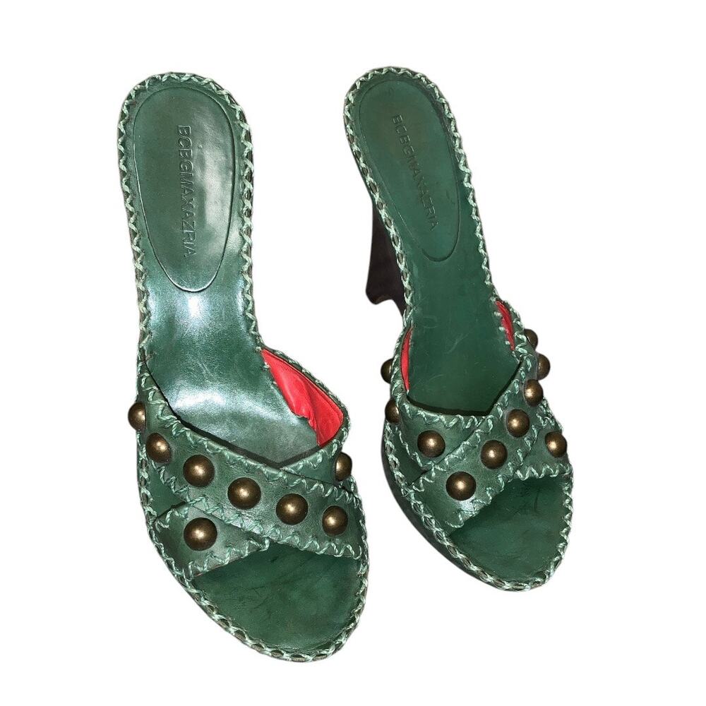 BCBGMaxAzria Green Studded Open Toe Heels Mules Slides Size 6.5 B